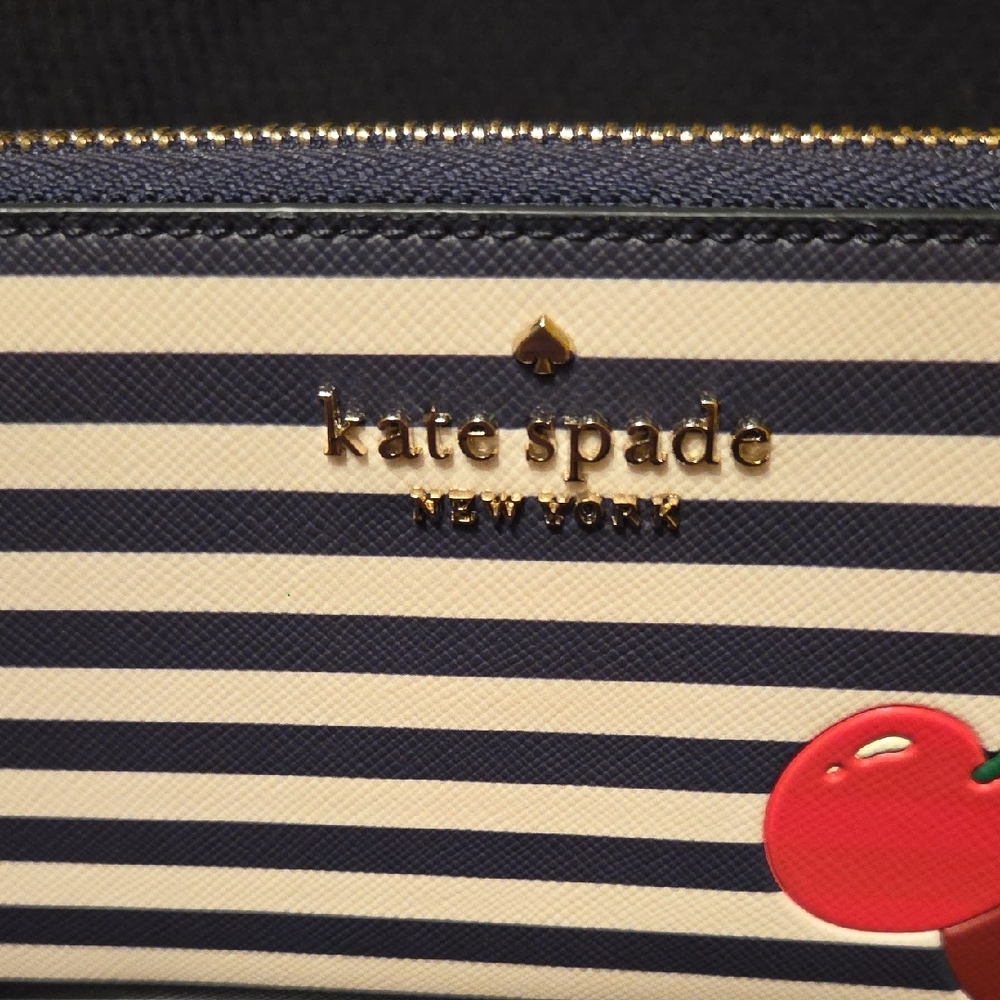 Kate Spade Navy & Cream Striped Wallet with Cherry Accent...like New! - Picture 2 of 11